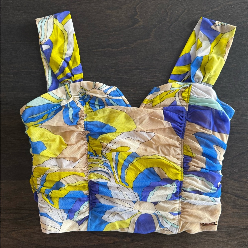 Guess by Marciano Blue Yellow Floral Ruched Crop Top
